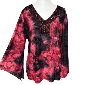 Velvet Red Black Beaded VNeck Paisley 3/4 Sleeve Stretch Tunic Top L Whimsigoth